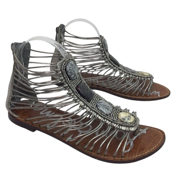 Sam Edelman Hazel Caged Gladiator Womens 8 Sandals Silver Metallic Stone Embelli - Picture 5 of 12